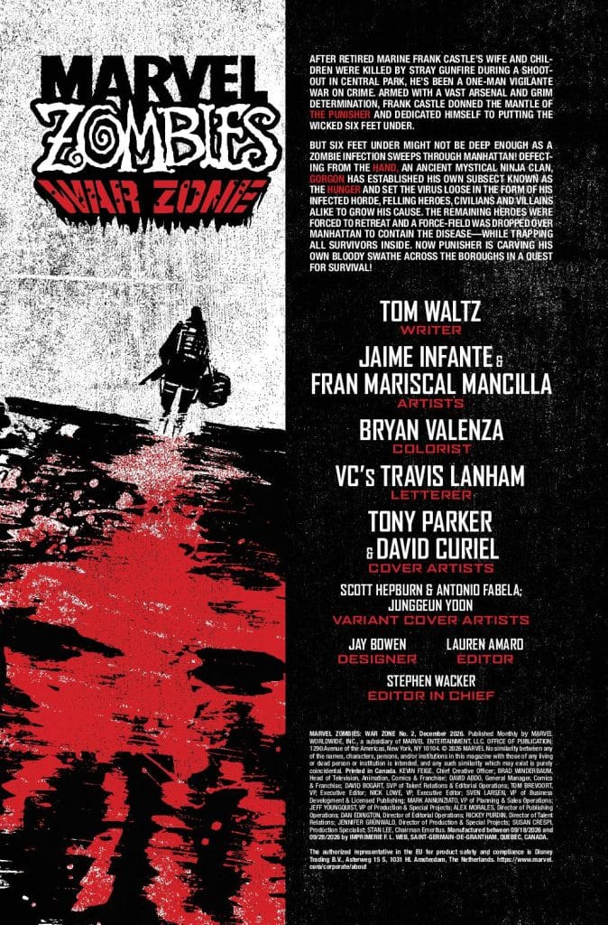 Cover page of Marvel Zombies: War Zone comic, featuring a dark, gritty design with red and black colors, showcasing the title and information about the creative team including writers, artists, and editorial staff.