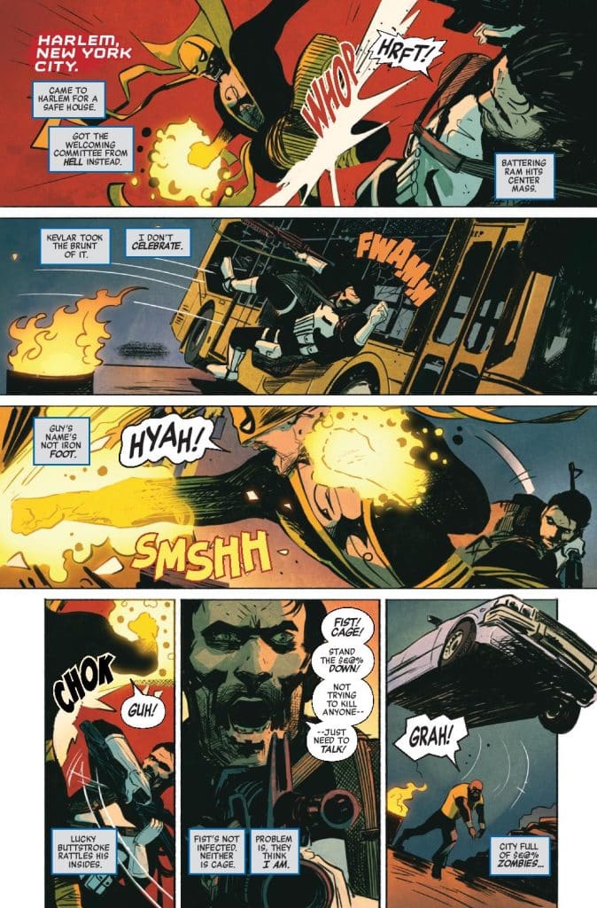 Comic panel depicting a dynamic action scene in Harlem, New York City, featuring characters engaged in combat with explosions and weaponry.