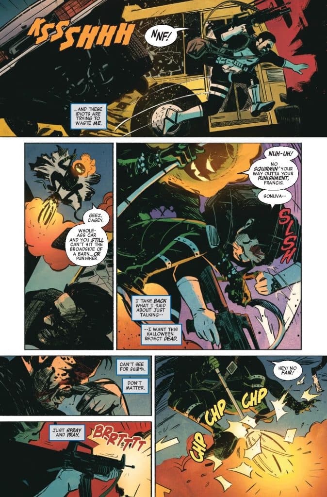 A comic book page featuring two characters exchanging dialogue amidst a chaotic scene. One character is armed and appears to be in a tense situation with explosions and gunfire in the background, while the other character reacts with disdain. The artwork is colorful and dynamic, showcasing action and emotion through illustrated panels.