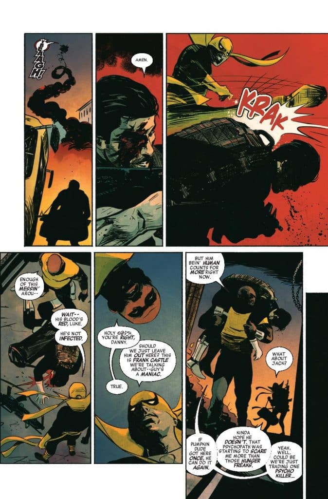 A comic book page featuring a dialogue between characters discussing a violent encounter, with one character showing signs of injury and another preparing to intervene. The scene is tense and action-oriented, highlighting themes of morality and justice.