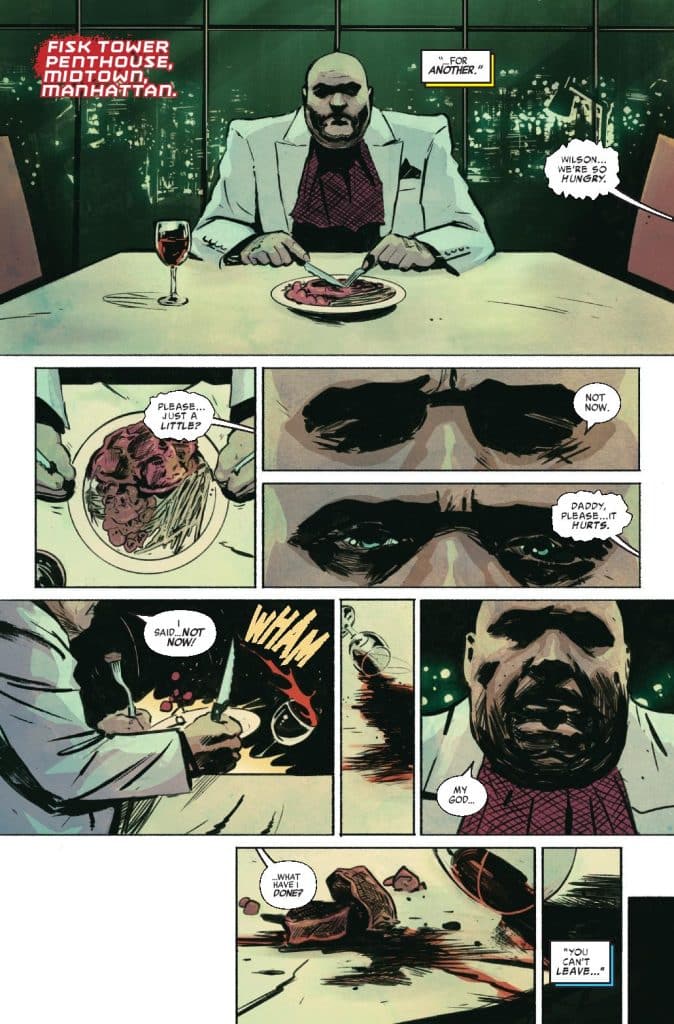 A comic book scene set in Fisk Tower, Midtown, Manhattan, depicting a well-dressed man with a bald head sitting at a table with a glass of wine and a plate of food, showing tense interactions with another character off-screen.
