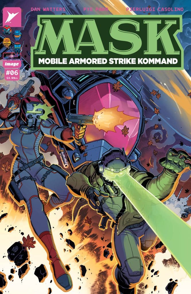 Comic book cover featuring two characters from 'MASK: Mobile Armored Strike Kommand', one armed and the other wearing a high-tech helmet, amidst an explosion with autumn leaves falling.