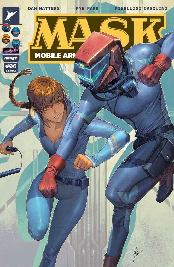 Comic book cover featuring a female character with a braid and a male character in a futuristic suit, both in action poses. The title 'MASK: Mobile Armored Strike Kommand' is displayed prominently at the top.