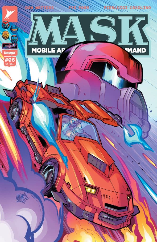 Comic book cover featuring a vibrant orange car flying through the air, leaving a trail of flames and smoke, with a large purple helmet in the background. The title 'MASK: Mobile Armored Strike Command' and issue number #06 are prominently displayed at the top.