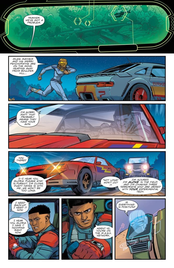 A comic book panel featuring a character named Tracker communicating through a digital screen about an issue with Miles Mayhem and his gang. One character, in a blue suit, is running while another drives a red and yellow vehicle. Tension builds as they discuss needing backup and the presence of armed terrorists with experimental technology.