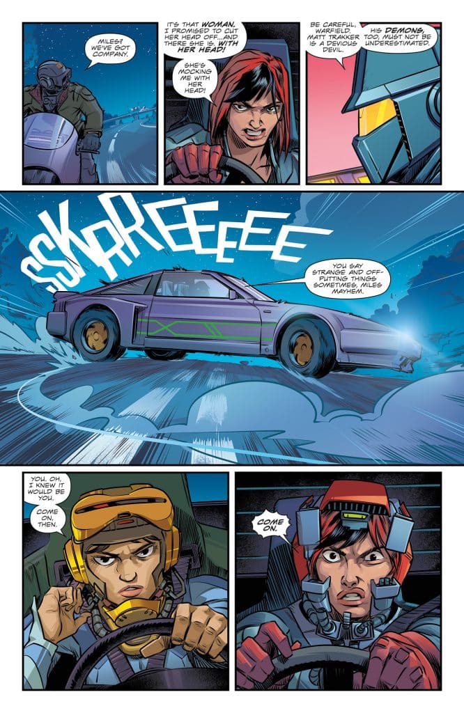 Comic panel featuring two characters, one in a helmet and the other with long hair, in a dramatic car scene. The car makes sharp turns, leaving streaks of smoke. Dialogue discussing a confrontation and the need for caution.