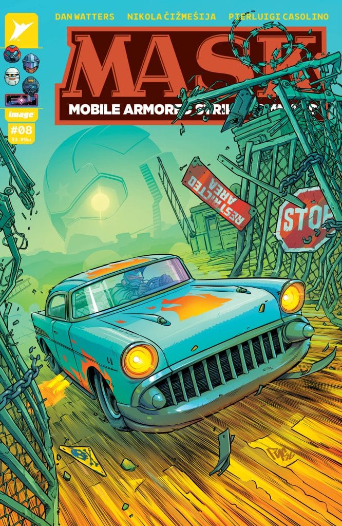 A brightly colored comic book cover featuring a vintage blue car speeding through a chaotic landscape with broken fences and warning signs. The title 'M.A.S.H. Mobile Armor Strategy Heroes' is prominently displayed at the top.
