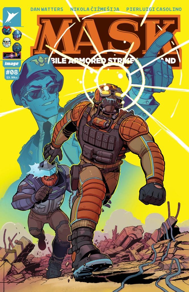Comic book cover featuring two armored characters running through a ruined landscape, with a bright yellow background and stylized title 'MASK: Mobile Armored Strike Command.'