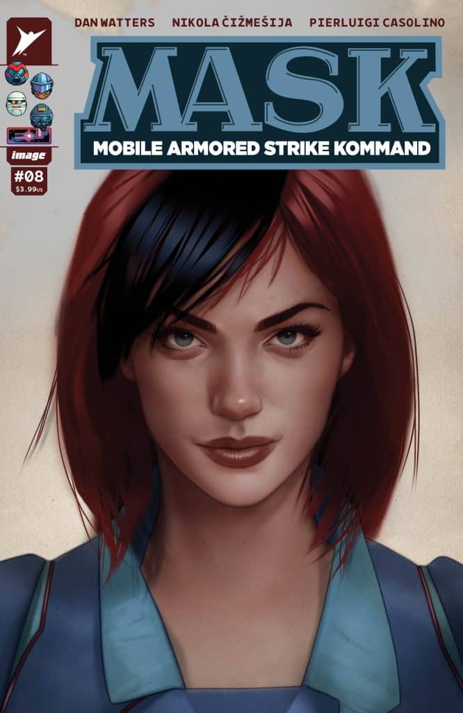 Cover of comic book 'MASK: Mobile Armored Strike Kommando' issue #08 featuring a character with short red hair and a blue outfit, looking directly at the viewer.