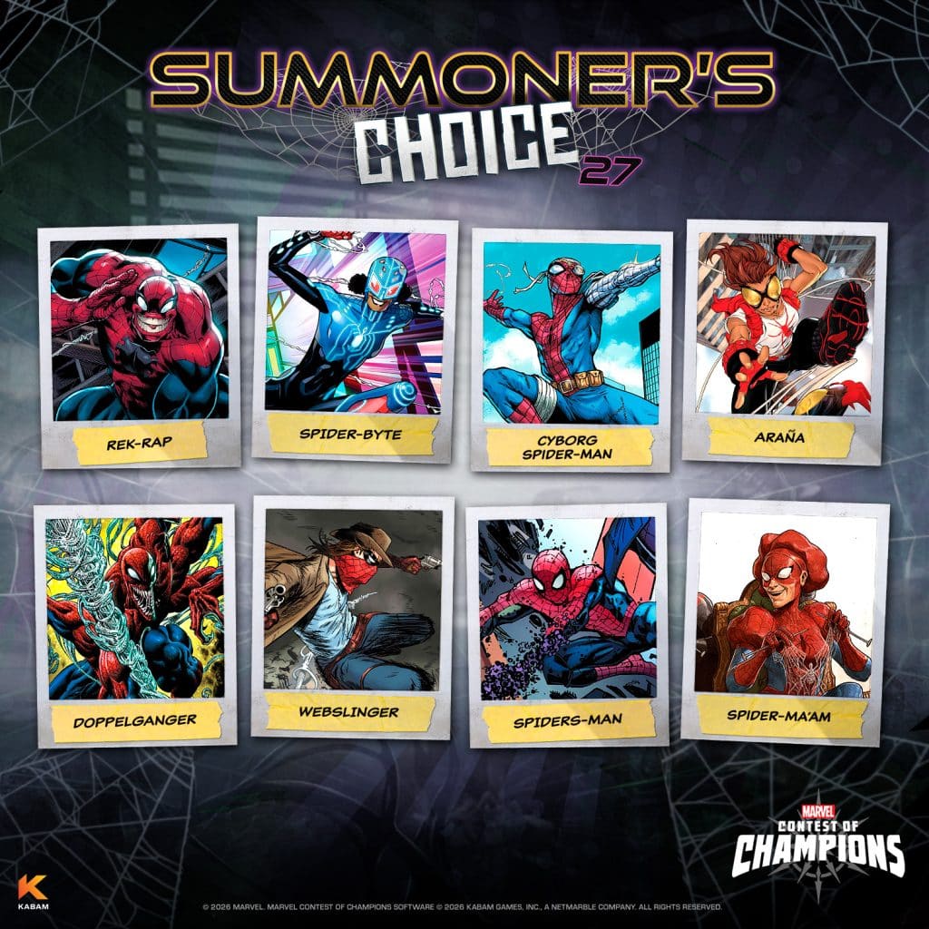 A collage featuring various Spider-Man characters, including Rek-Rap, Spider-Byte, Cyborg Spider-Man, Arana, Doppelganger, Webslinger, Spiders-Man, and Spider-Ma'am, all displayed in comic book style with labels underneath each character.