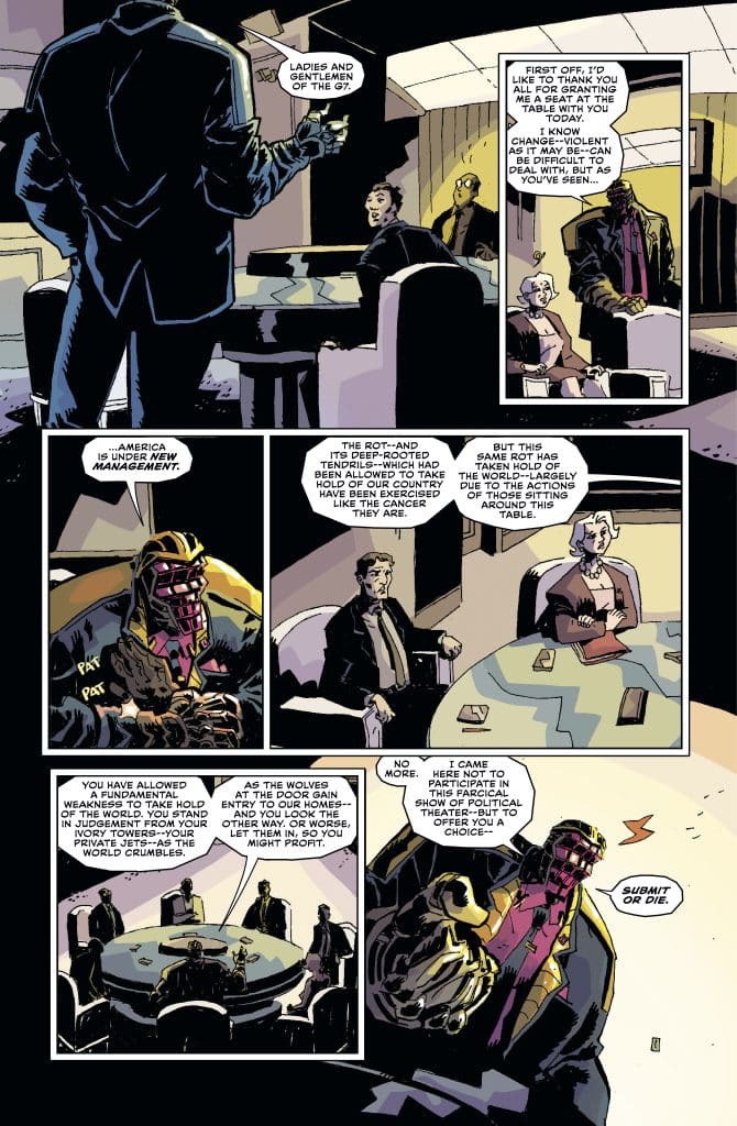 A comic book panel depicting a man in a suit, addressing a group of individuals seated around a table in a modern conference room. The man appears assertive, emphasizing a serious tone, while the others listen attentively. Various objects are scattered on the table, suggesting a discussion of political significance.