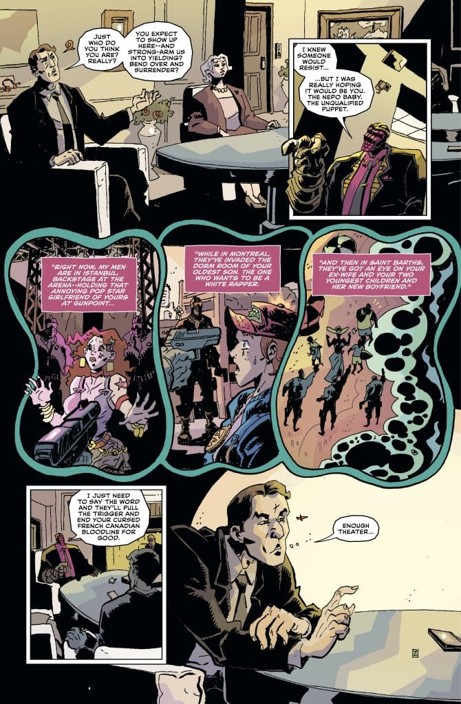 A comic book panel showing two characters conversing at a table, with one character gesturing dramatically. The background features a mix of dialogue and action scenes illustrating tension and intrigue.