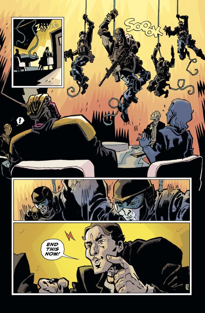 A comic panel depicting a tense scene with armed soldiers descending from above while a group of individuals, including a man in a suit, reacts in shock. The man gestures emphatically with the words 'END THIS NOW!' visible in a speech bubble.