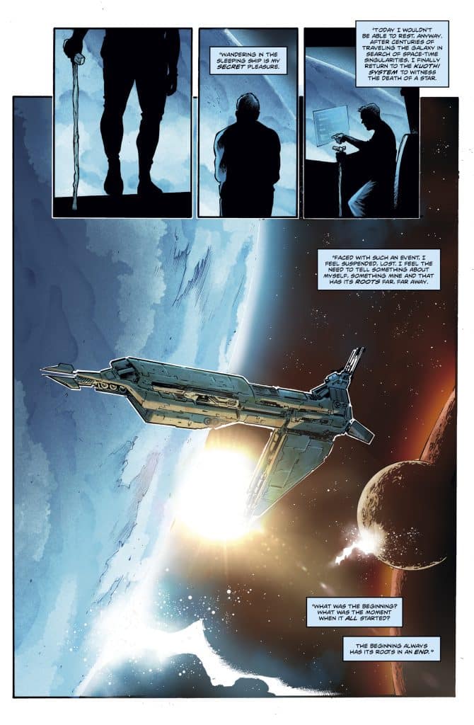 A futuristic spaceship navigating through space, with a bright star in the background and a distant planet visible, accompanied by comic-style dialogue boxes expressing philosophical thoughts about existence and space exploration.