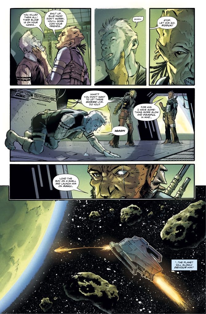 A comic book panel depicting intense dialogue between alien characters, with one character threatening another while a spaceship is shown flying through an asteroid field.