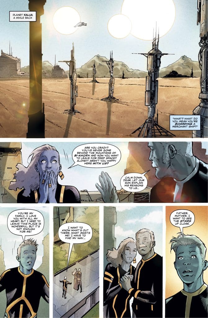 A comic book panel depicting an alien landscape with multiple suns and futuristic structures. Two characters, a woman with blue hair and a man with short hair, are engaged in an emotional conversation. The woman appears shocked, while the man reassures her. The dialogue reflects concerns about leaving their home planet and exploring the unknown.