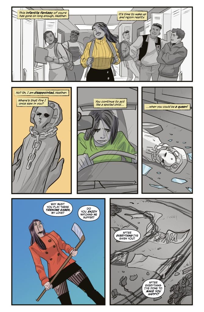 A comic strip featuring four panels with a mix of characters, dialogue, and emotional expressions. The first panel shows a group of students in a school hallway. The second panel focuses on a girl with a distressed expression in a car, while the third features a character contemplating a broken item, and the fourth highlights an angry girl holding a weapon, questioning her partner's intentions.
