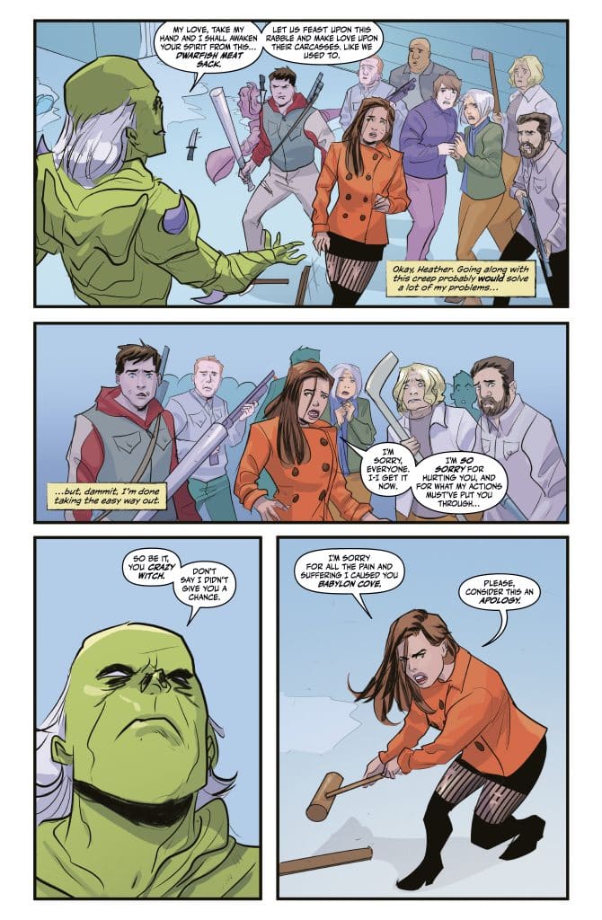 A comic panel depicting a conversation between a green-skinned figure and a woman in an orange coat. The green figure extends a hand, while the woman appears conflicted, surrounded by a group of concerned onlookers. The scene conveys an intense emotional exchange, with elements of fantasy and drama.