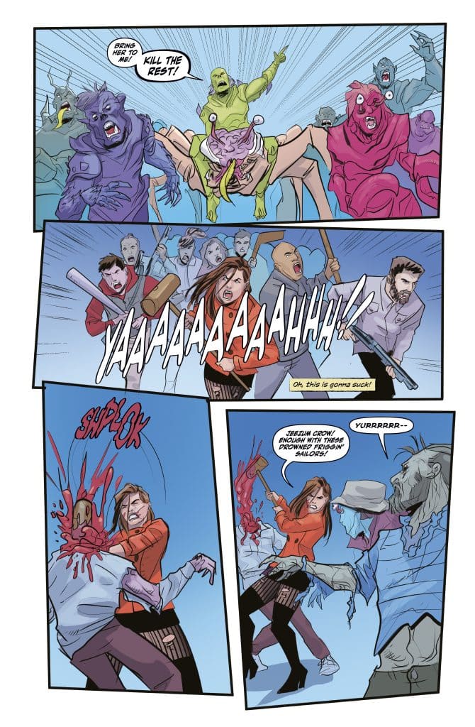 A chaotic comic book scene showing a group of grotesque creatures urging to capture a woman, who is frightened and screaming. In the lower panels, the woman defends herself with a weapon, dramatically fighting off attackers. Blood is splattering, highlighting the intense action.