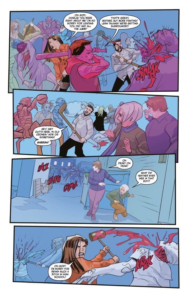 A dynamic comic panel depicting a chaotic scene with multiple characters engaged in a fierce battle against bizarre creatures. One character is swinging a weapon, while others express panic and urgency. Speech bubbles convey dialogue emphasizing confusion and fear.