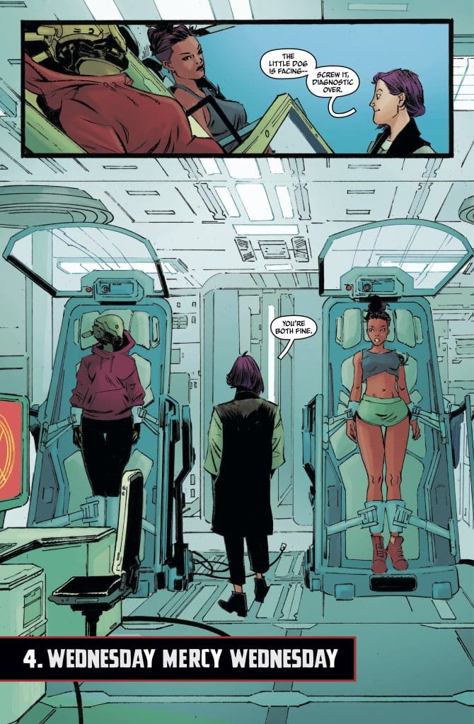 A sci-fi scene featuring two characters in futuristic medical pods, with a third character observing them. The left character is dressed in a hoodie, while the right character is wearing athletic attire. The background shows a high-tech environment with screens and equipment.