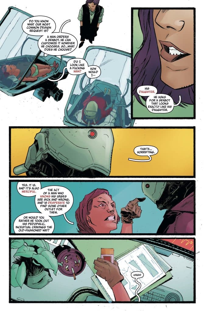 A comic book panel featuring a conversation between a man and a woman about a man who orders a lifelike robot resembling his daughter, discussing moral implications.