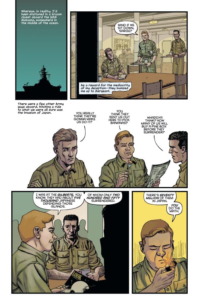 A comic panel depicting soldiers discussing their experiences during World War II, with one soldier seated at a table while others are gathered around, engaged in conversation. The backdrop features a ship and a war room setting.