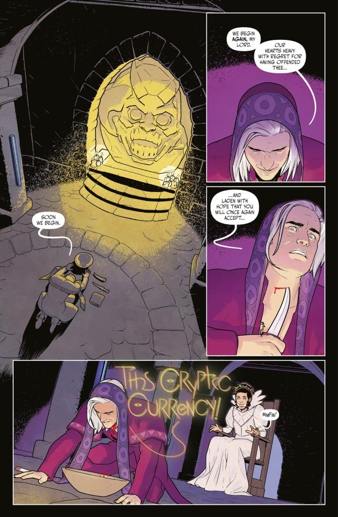 A mystical scene from a comic book showing a golden, menacing statue and characters expressing regret and anticipation. One character is dressed in purple robes, addressing another seated figure, while a glowing inscription reads 'THIS CRYPTIC CURRENCY!'