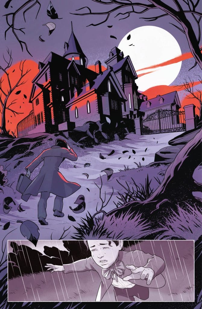 A dark, eerie landscape featuring an ominous Victorian mansion under a large full moon, with a man in a long coat walking towards the house while holding a briefcase. The scene is set against a backdrop of swirling clouds and blowing leaves. In the foreground, a frightened boy struggles against the rain.