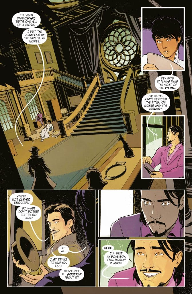 A comic panel depicting a dramatic interior scene with characters discussing a ritual. One character is seated on stairs, while another stands, and a third is holding a hat. The setting features elaborate architecture with a large window and decorative details.