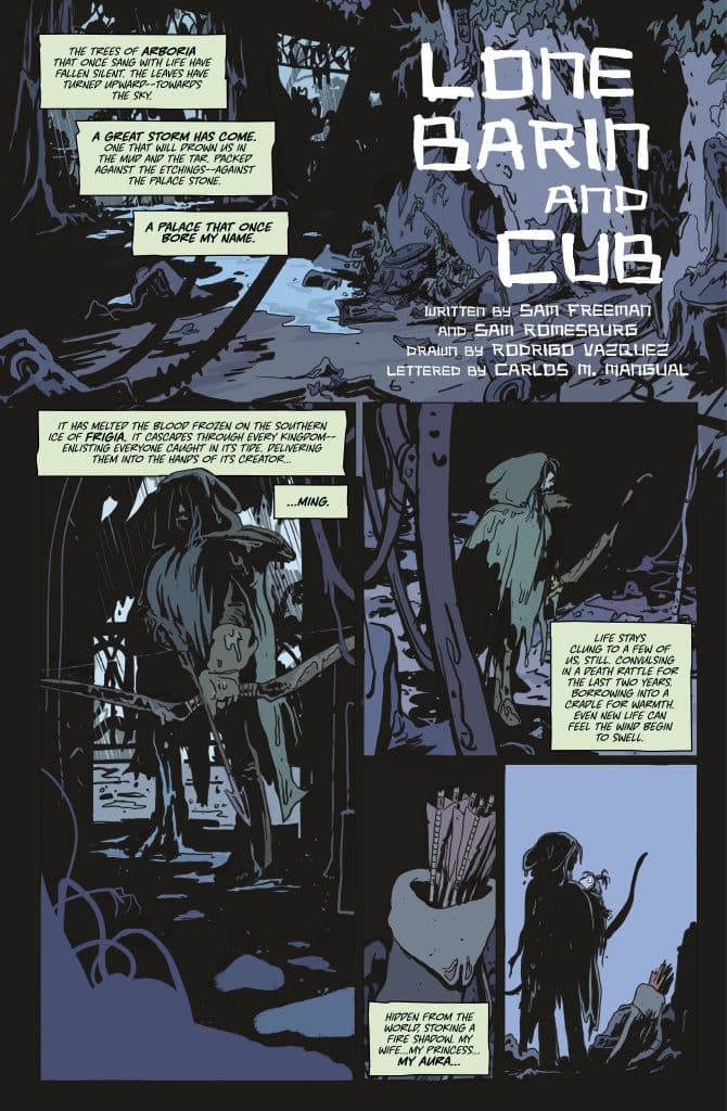 A comic book page from 'Lone Barn and Cub', featuring dark and moody illustrations, with text boxes providing narrative elements. The scene depicts a mysterious and somber atmosphere, with characters and elements that suggest a fantasy or adventure theme.