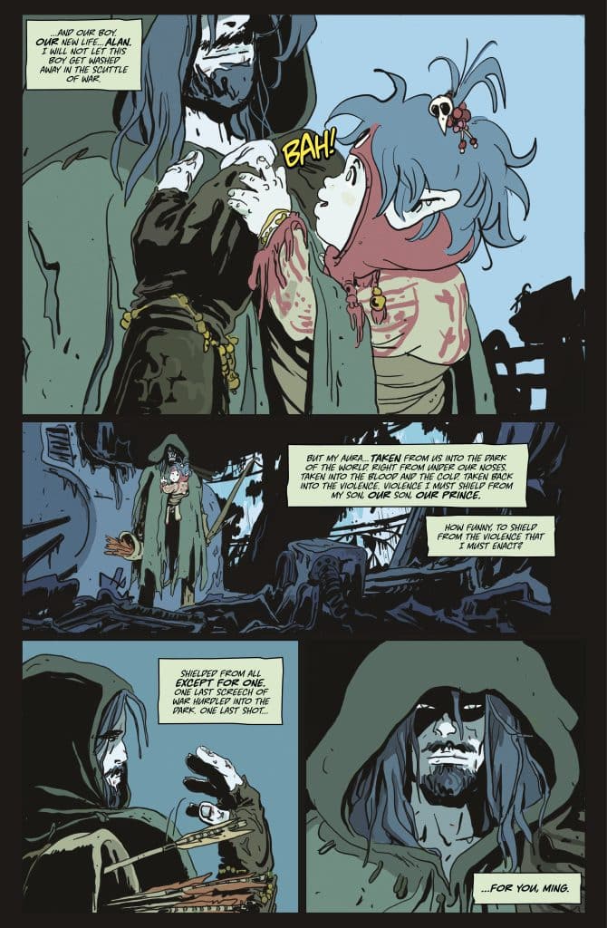 A comic panel featuring a dialogue exchange between two characters. One character, dressed in dark clothing with a hood, has a pale, skull-like appearance and is holding something in their hand. The other character, a young, blue-haired figure with distinctive facial markings, appears to be pleading. The background shows a chaotic and dark environment, indicating a scene of conflict.