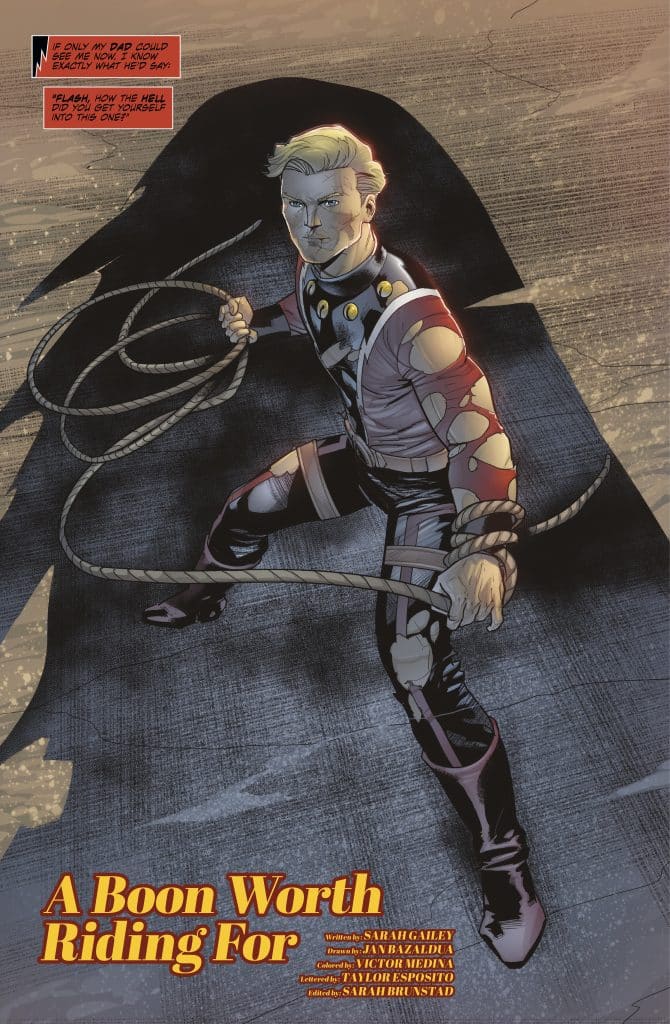 A superhero character in a dynamic pose, holding a rope, with a serious expression. The background features textures and colors that create a dramatic atmosphere. The title 'A Boon Worth Riding For' is prominently displayed at the bottom.