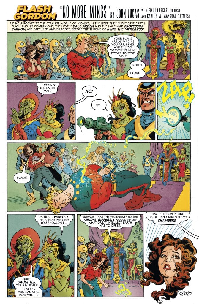 A colorful comic panel featuring characters from Flash Gordon. Ming the Merciless stands menacingly on a throne while Flash Gordon is restrained by guards. Surrounding them are various alien characters, including a female with green skin who displays discontent. The scene depicts tension and imminent danger, with one character preparing to use a weapon as others express their wishes.