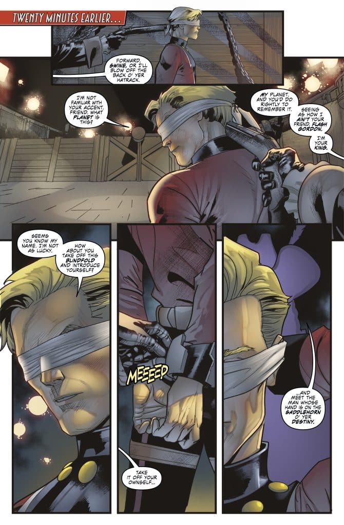 A comic book panel depicting a tense confrontation between two characters. One character, blindfolded, stands with his hands bound, while another character threatens him with a gun. Dialogue bubbles convey their conversation, hinting at a struggle and the urgency of the situation.
