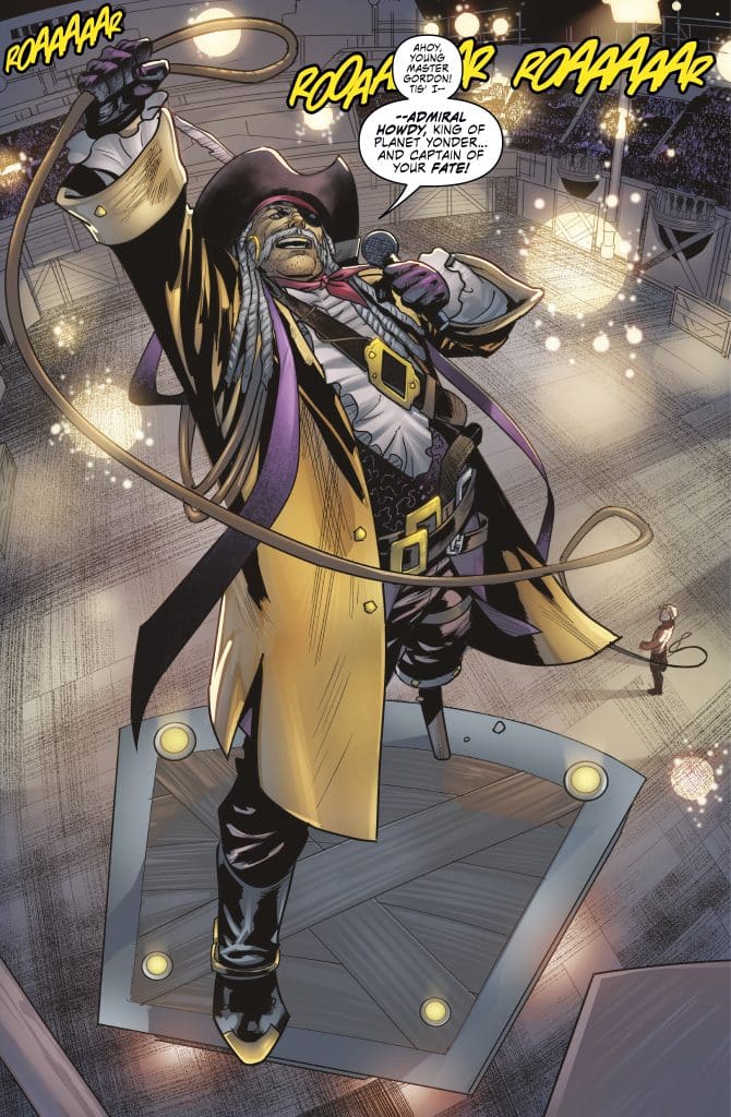 A colorful comic panel featuring a pirate-themed character, Admiral Howdy, dressed in a black hat and a long coat, dramatically performing on a platform with a whip in hand. He is surrounded by a cheering audience, with bright spotlights illuminating the scene.