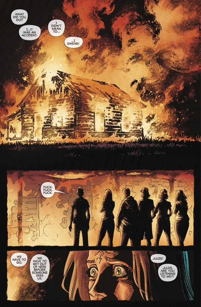 A burning cabin with flames and smoke filling the scene, while several figures stand in silhouette in the foreground, expressing concern and urgency.
