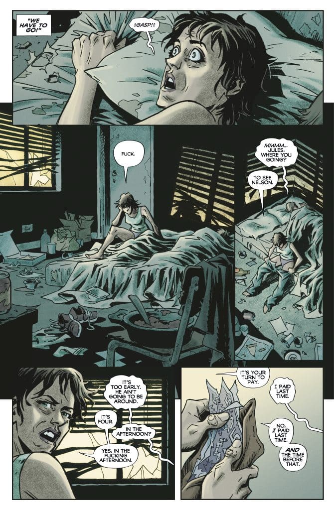 A tense comic book scene depicting a woman waking up in a messy room, looking alarmed and frightened, while another character is seated on a bed, engaged in a conversation about payment.