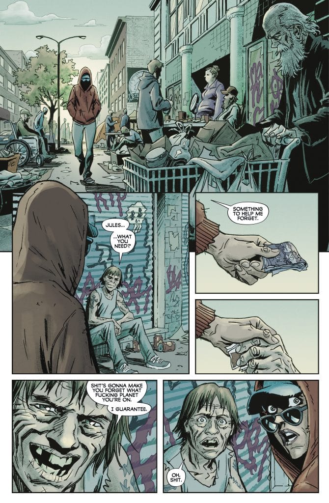 A comic book scene depicting a gritty urban environment with multiple characters interacting. A hooded figure walks through the street, while two individuals are seated nearby. One person hands over something, likely a substance, to another, who looks apprehensive.