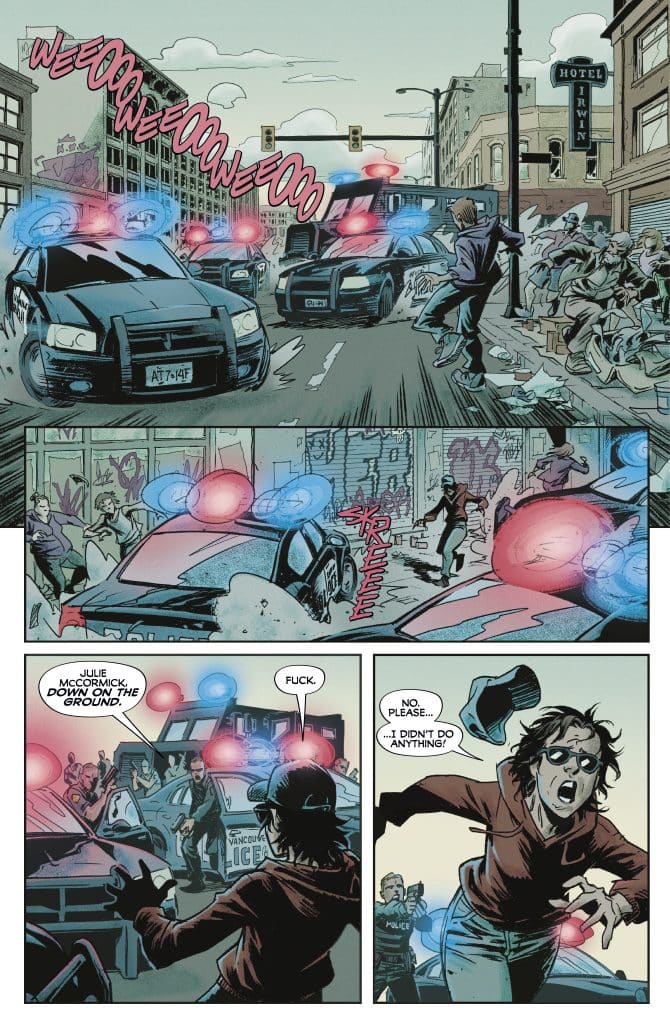 A chaotic street scene with police cars and flashing lights. A person in a red hoodie appears distressed and is pleading with law enforcement. Surrounding people watch in concern. The atmosphere is tense and dramatic.