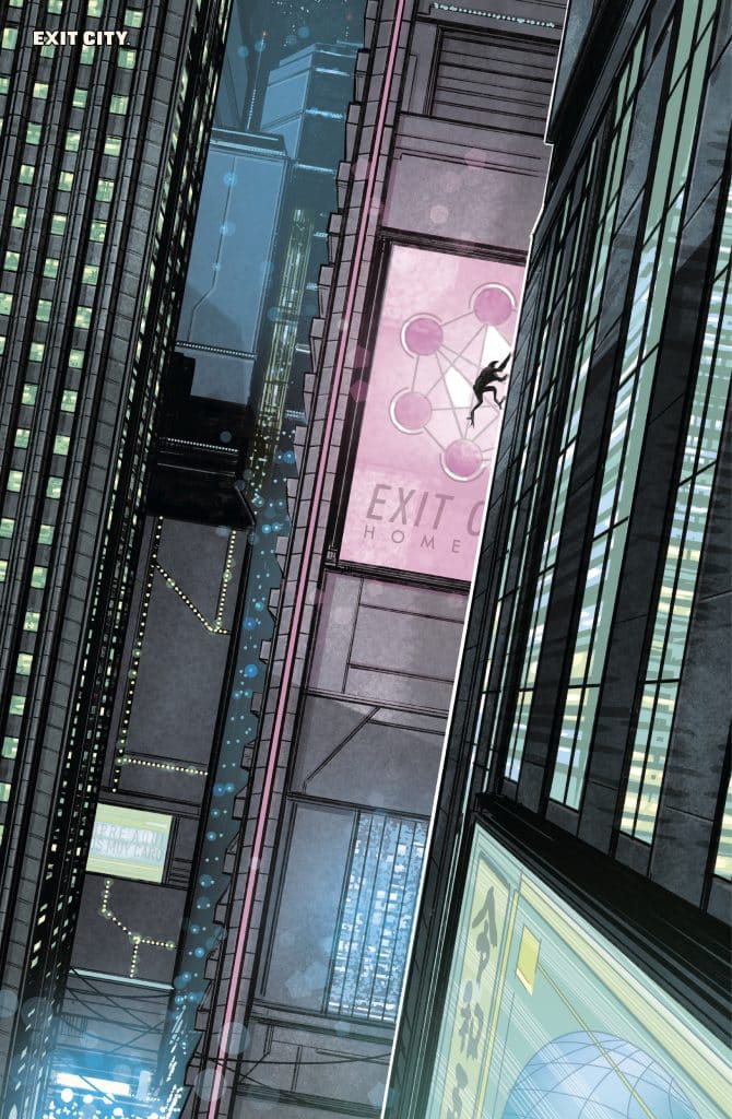 A futuristic cityscape featuring tall skyscrapers with neon lights, a prominent billboard displaying 'EXIT CITY', and a figure climbing one of the buildings.