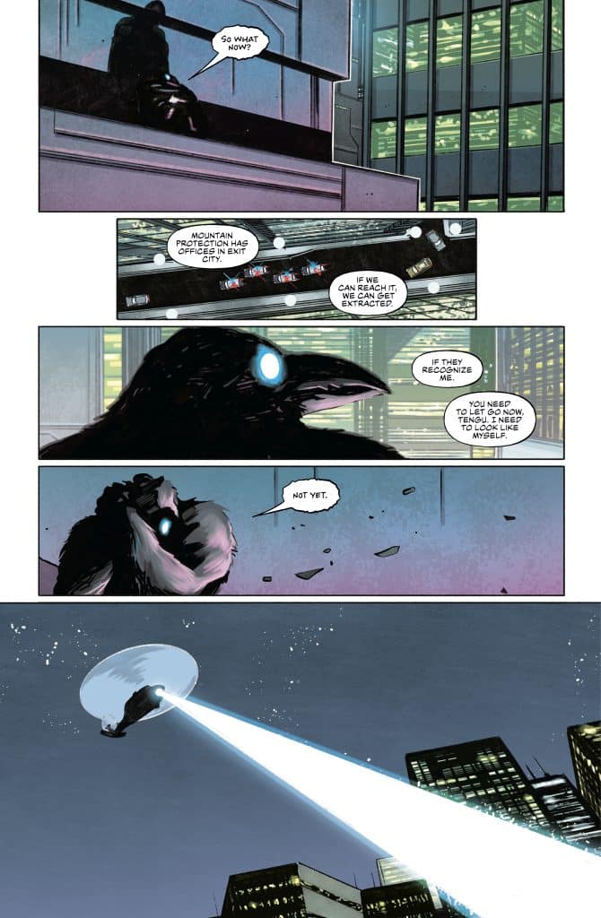 A comic book page featuring a silhouetted figure on a rooftop contemplating their next move. Below, a mysterious creature with glowing eyes discusses extraction possibilities. In the background, a flying saucer emits a beam of light towards the city skyline.