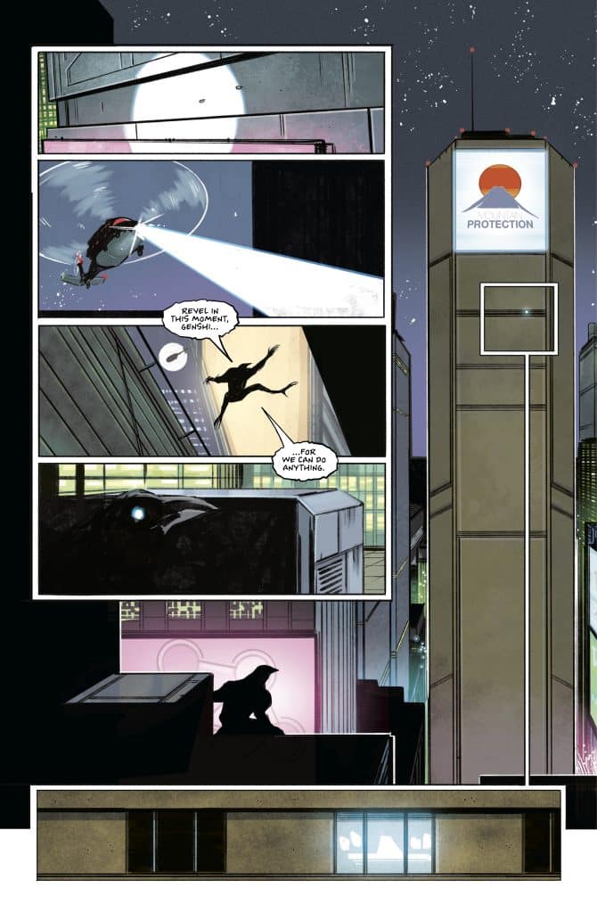 A comic panel depicting a rooftop scene at night, featuring a character in a dark outfit watching a helicopter with a spotlight. The background shows a city skyline illuminated by stars and buildings. The character appears contemplative with dialogue bubbles expressing excitement and potential.