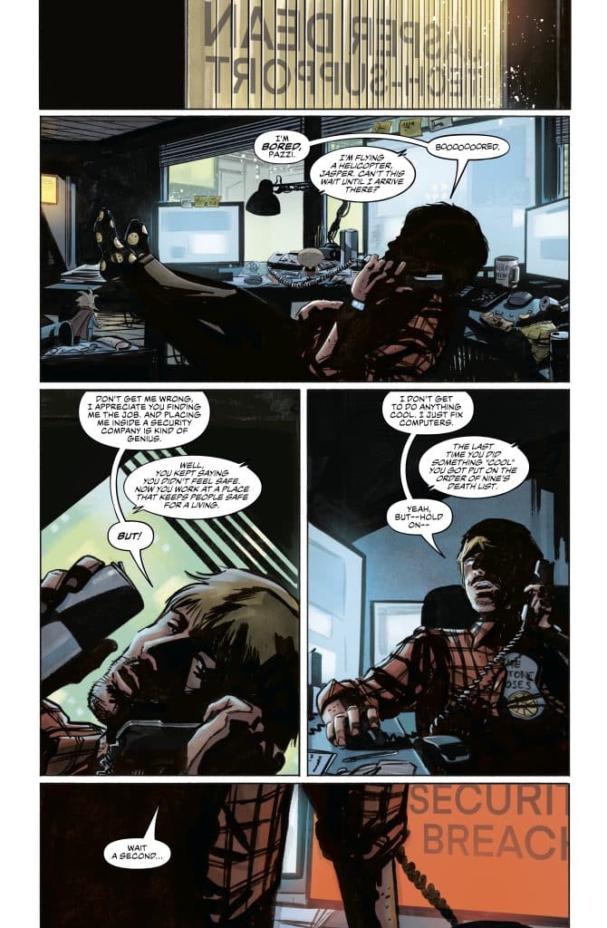 A comic book panel depicting two characters on the phone in an office setting. One character lounges back with feet on a desk, while the other looks concerned. The office is cluttered with computers and a sign in the background reads 'SECURITY BREACH'.