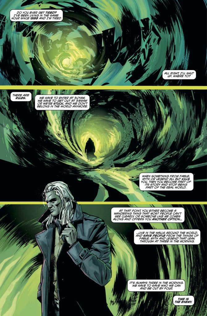 A comic book page featuring a character with long, light hair and a coat, speaking about rules related to a mysterious event occurring at 3:01 AM. The background depicts a swirling vortex of green and black, suggesting a dark and surreal atmosphere.