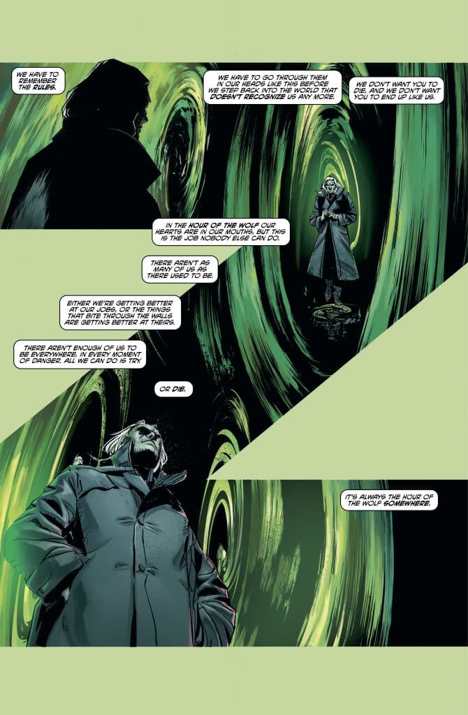 A dark and atmospheric comic panel featuring two characters engaged in a serious conversation about danger and survival, with vibrant green swirling backgrounds suggesting a sense of mystery and urgency.