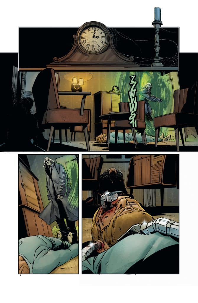 A dark comic book scene depicting a clock and lamps in an eerie room. A figure in a long coat stands ominously, while another figure lies on the ground, appearing injured and unconscious.