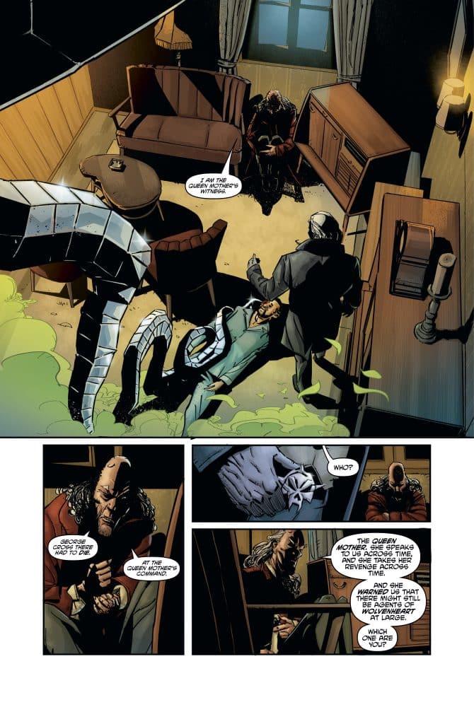 A dimly lit room with a sofa and a vintage cabinet, featuring a confrontation between two characters. One character is sitting in a chair and appears to be listening intently, while another character is on the floor, seemingly injured. A serpent-like figure extends from the background, adding a sense of tension. Speech bubbles indicate discussions about a 'Queen Mother' and a character named George Cross.