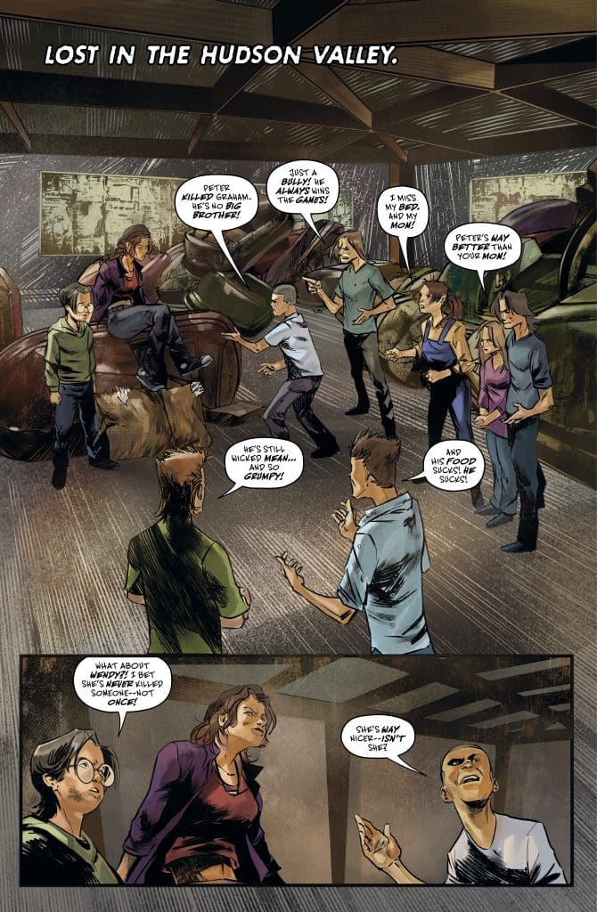 A comic book panel depicting a group of diverse characters in a dimly lit barn, engaged in a heated discussion. One character, sitting on a large object, listens as others express their opinions and emotions about relationships and past events in the context of the story.