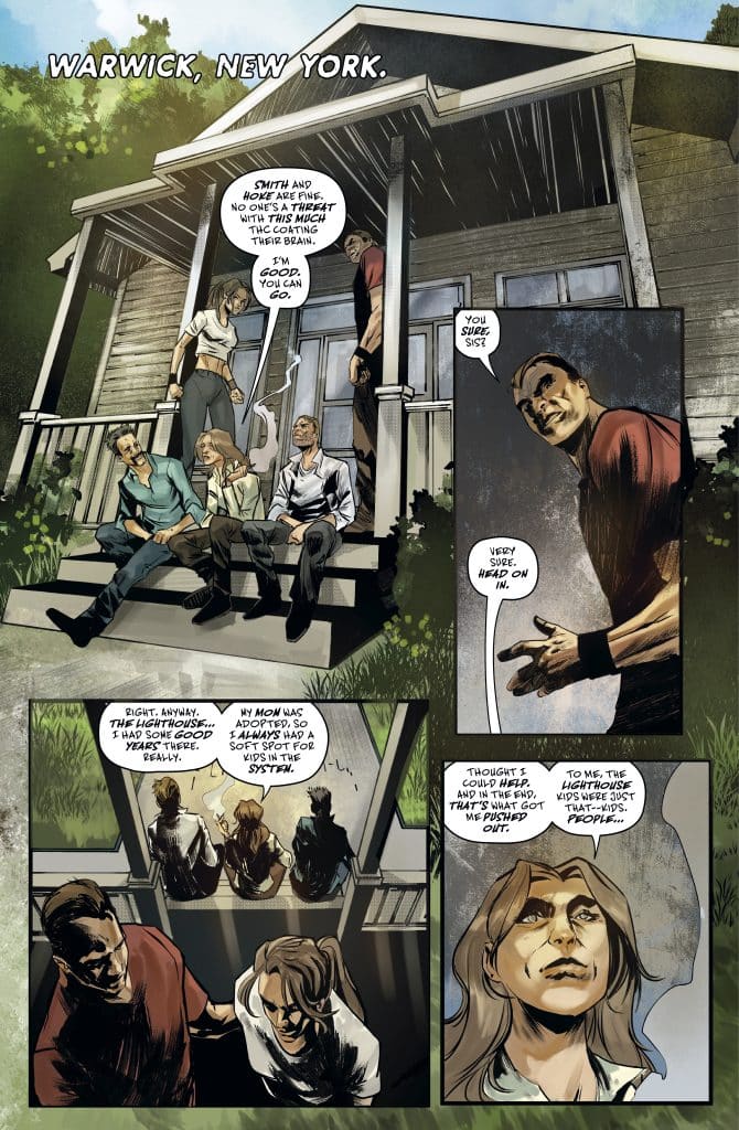 A group of five characters stands on the steps of a house in Warwick, New York, engaged in a conversation. They are depicted in a graphic novel style, with speech bubbles indicating their dialogue. The scene has a lush green background, contributing to a relaxed atmosphere.